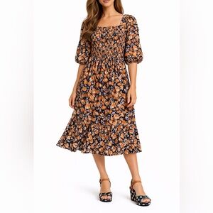 Floral Midi Dress with Puff Sleeves